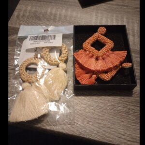 2 Bohemian Woven/Beaded Tassel Earrings , Pink and White